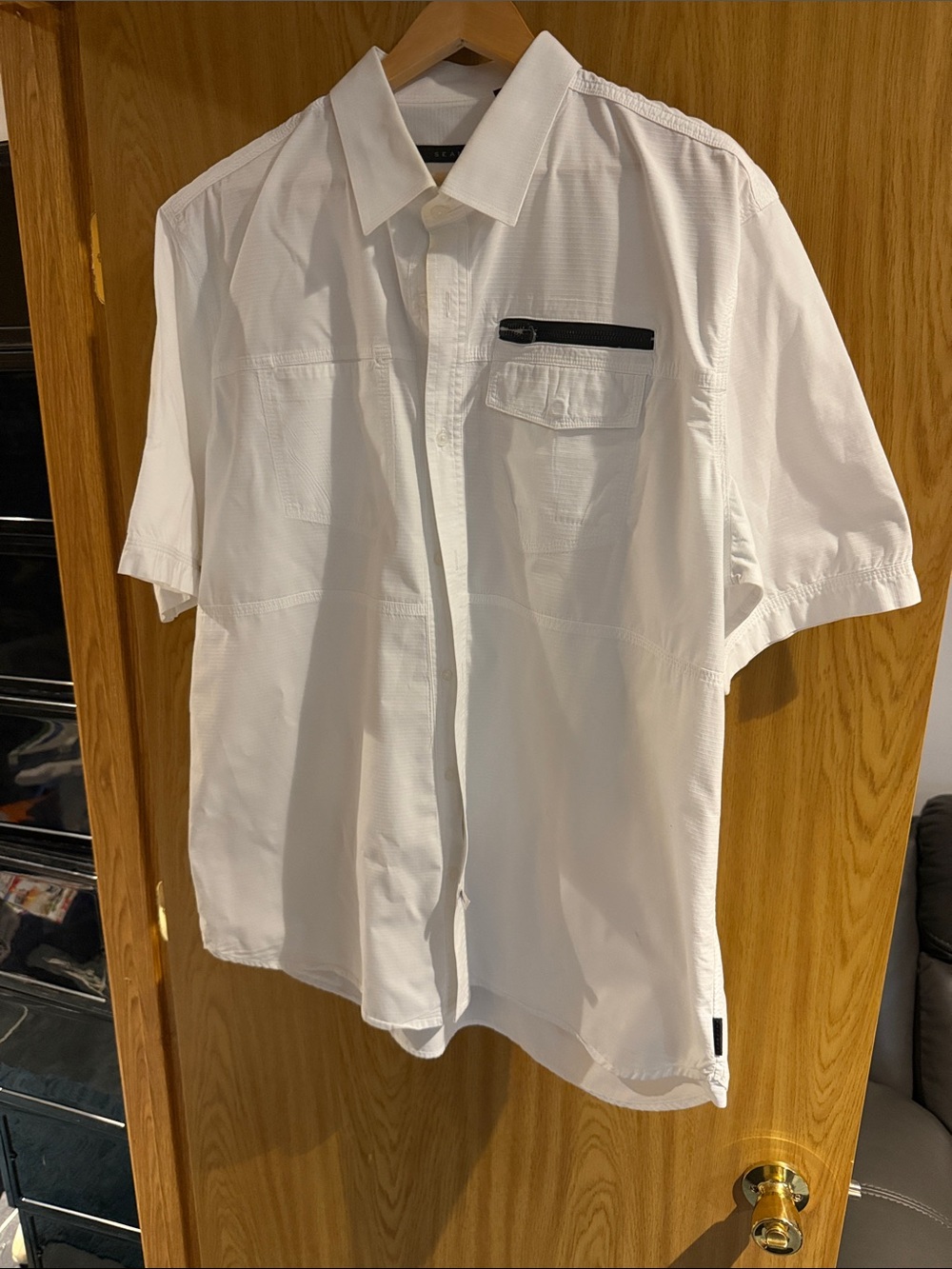White Short Sleeve Button-Up Shirt with Zip Pocket